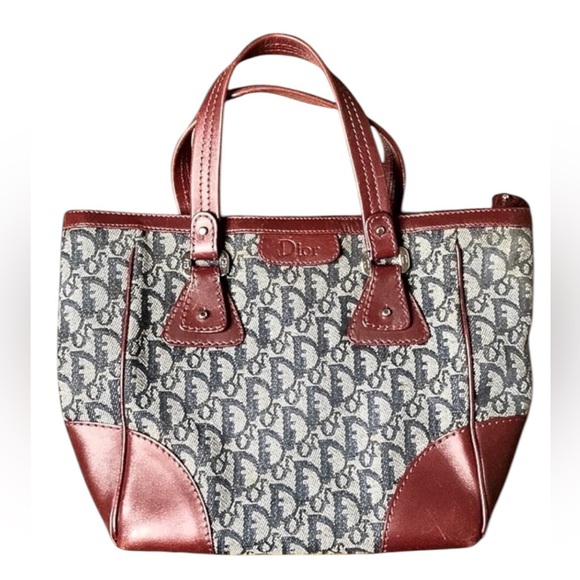 Dior Christian Dior Trotter Handbag Navy Wine Deep Red Leather Jacquard VGUC - Picture 1 of 12